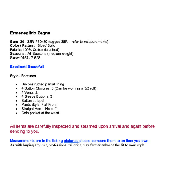 Ermenegildo Zegna 36 - 38R 30x30 Blue Brushed Cotton Suit Unconstructed 3/2 Roll - Picture 14 of 14